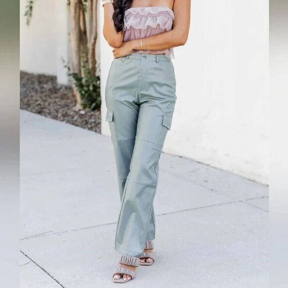 Pink Lily Pants - Pink Lily Olive Faux Leather Cargo Pants Size Small
